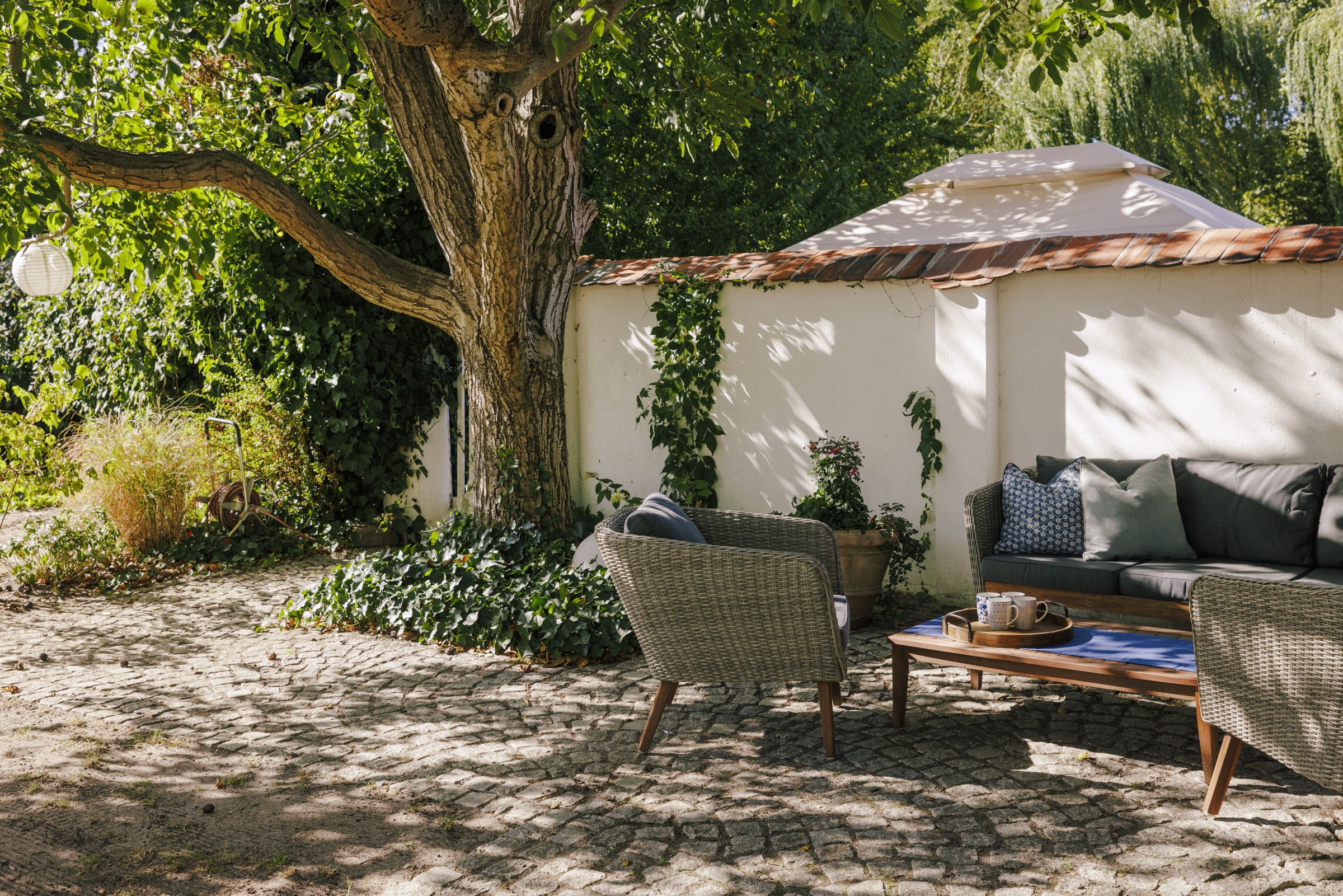 Lounge-Ecke unter einem alten Baum